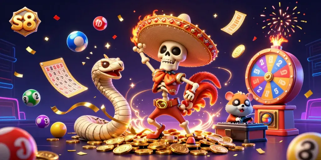 S8 players celebrate big wins in a vibrant casino scene full of games and energy.
