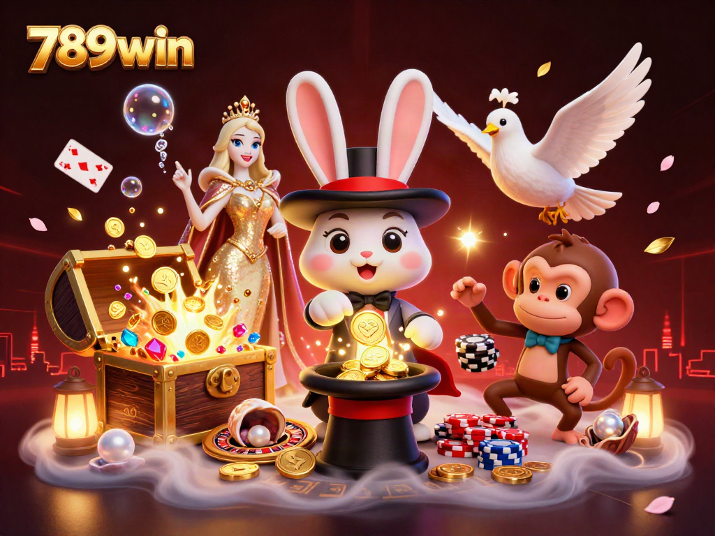 Experience the magic of 789win with the magician rabbit pulling coins and poker chips amidst a vibrant casino scene.