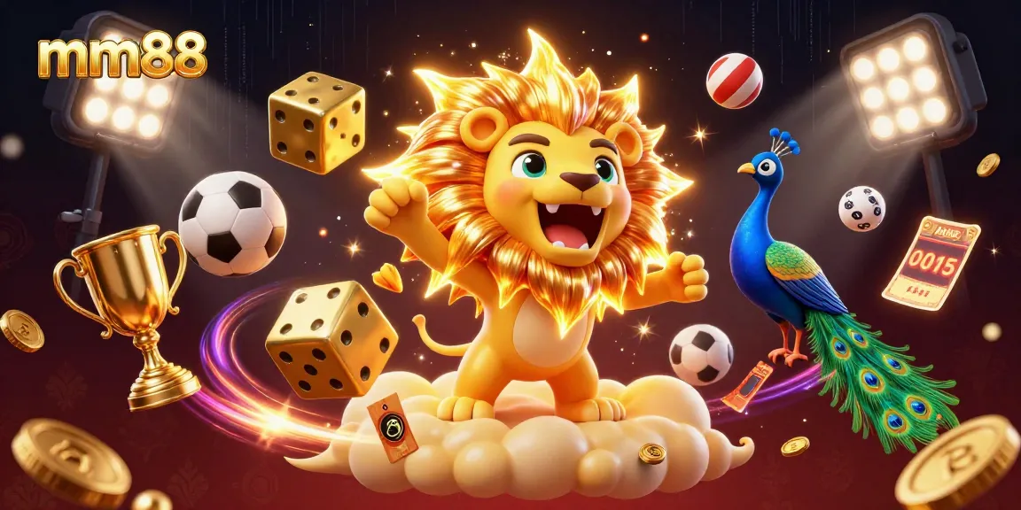 Engaging mm88 casino illustration with golden lion, dynamic sports elements, and vibrant colors for online gambling.