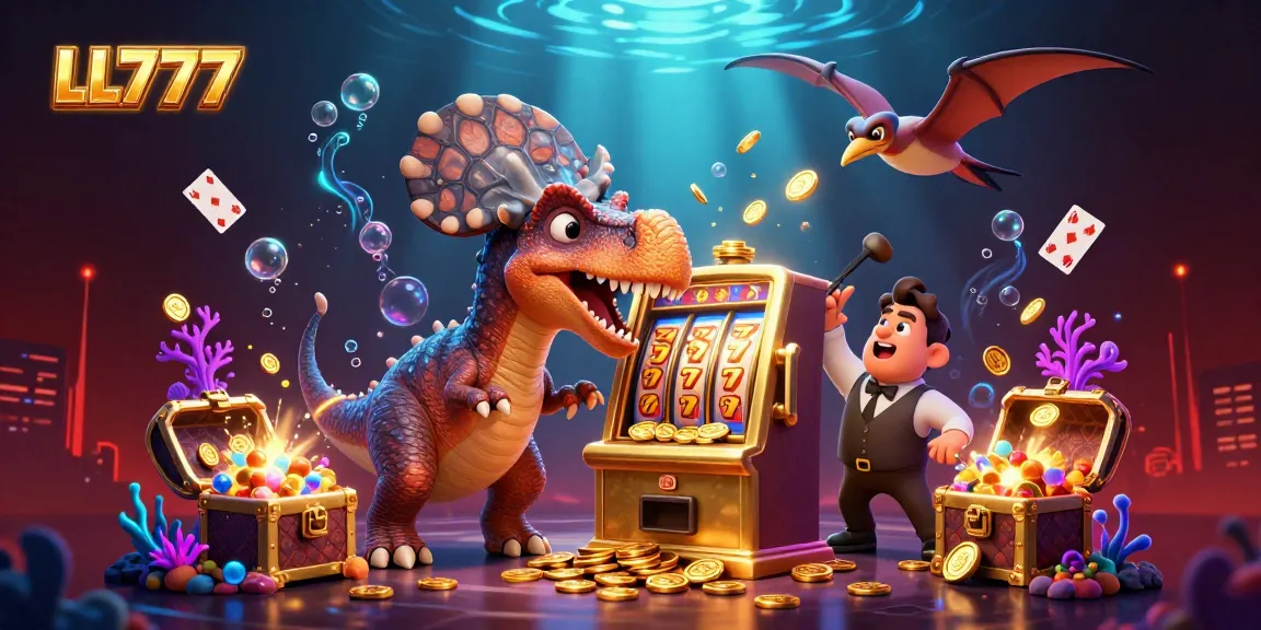 LL777 offers a dynamic casino experience with 3D characters celebrating jackpot wins amid vibrant gaming elements.