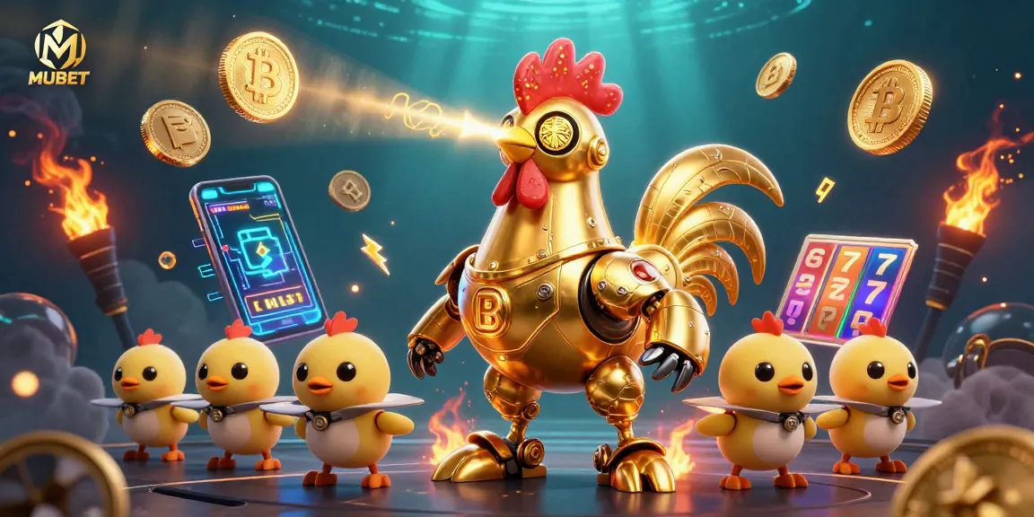 MUBET powers exciting gaming experiences with a golden rooster robot amidst vibrant slot reels.