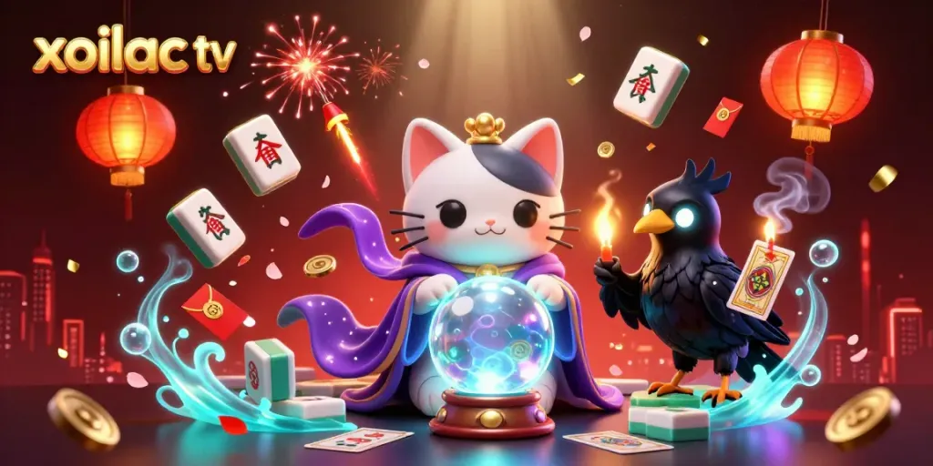 Xoilac TV casino scene with a fortune teller cat, enchanted raven, and golden game elements.