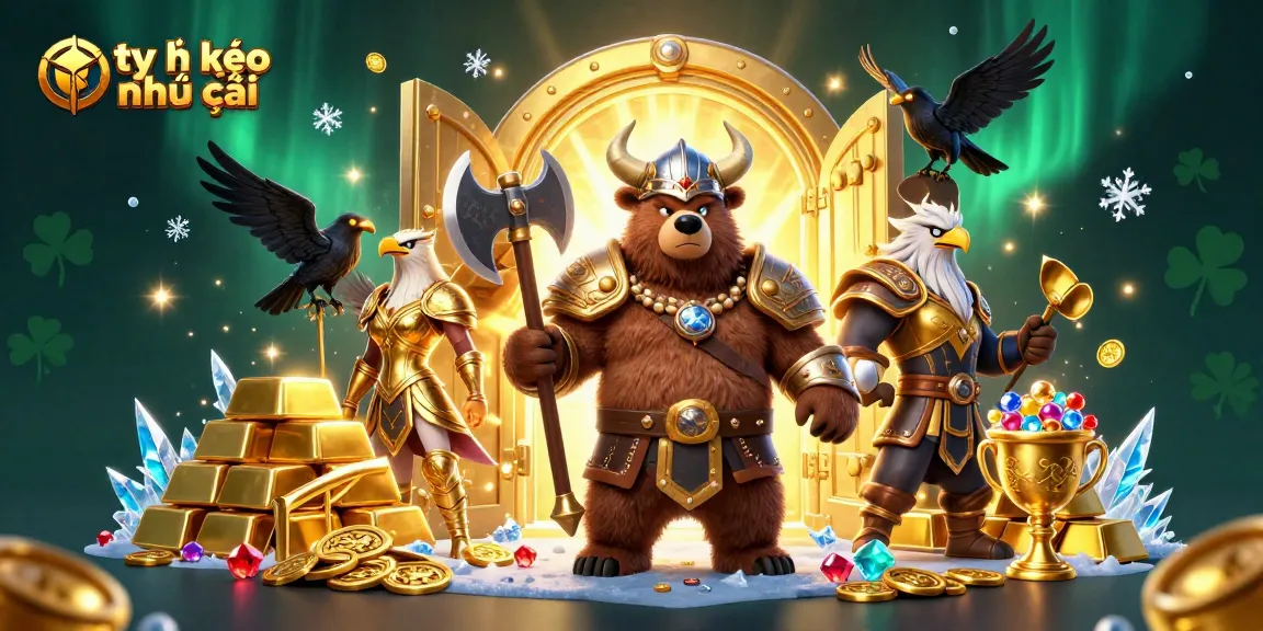 Bet on tỷ lệ kèo nhà cái with Viking bear and Valkyrie eagle in a treasure-filled scene