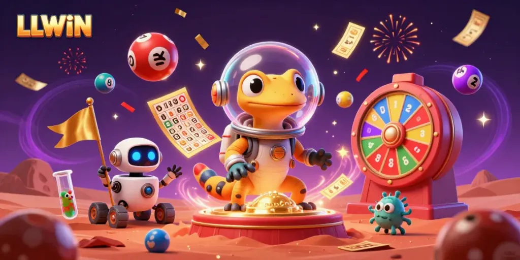 Experience the excitement of LLWIN as a Martian gecko uncovers a golden casino surrounded by colorful game elements.