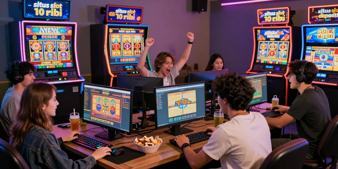 Players enjoying a big win at situs slot deposit 10 ribu online, showcasing excitement in a lively gaming room.