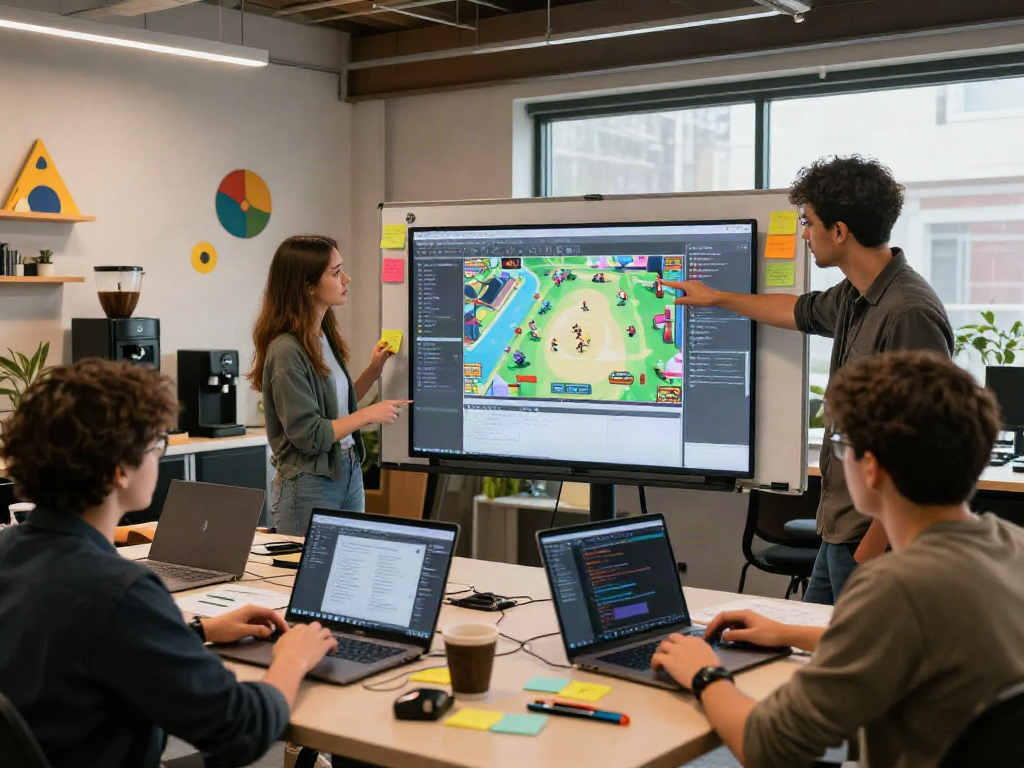 Diverse developers collaborating on a new porngame in a vibrant studio, showcasing creative brainstorming.