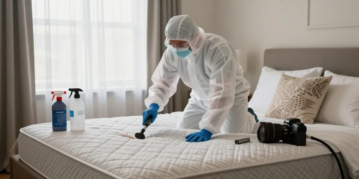 bed bug exterminator technician inspecting mattress during treatment in Milwaukee bedroom