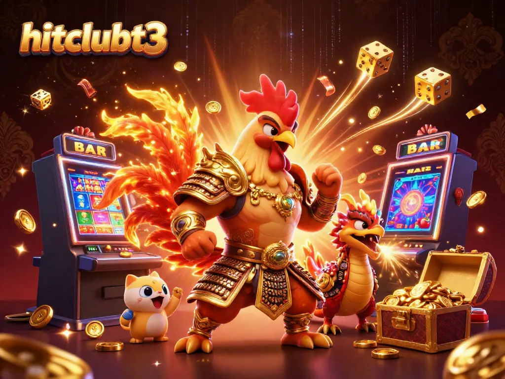 Engage with hitclubt3 in a dynamic 3D illustration featuring a fighting rooster warrior and a dragon hatchling amidst a casino jackpot explosion.