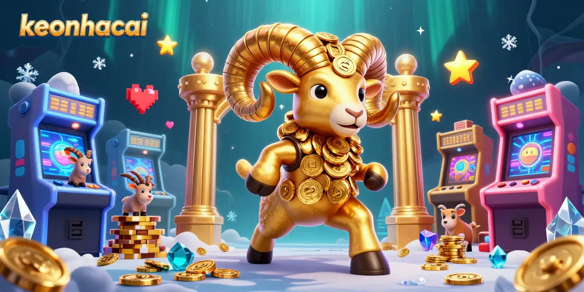 Experience the thrill of keonhacai with golden ram charging past arcade elements in a vibrant casino scene.