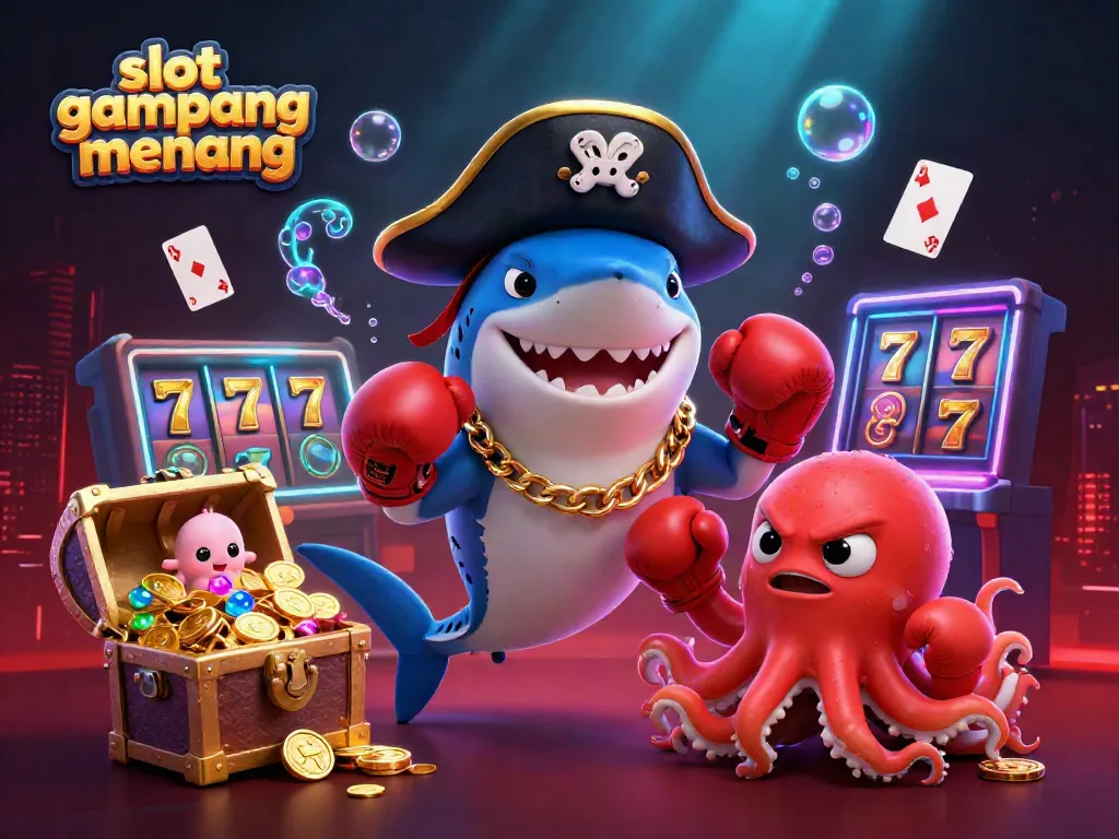 Engaging scene illustrating "slot gampang menang" featuring a pirate shark, pufferfish, and octopus with coins in a vibrant casino.