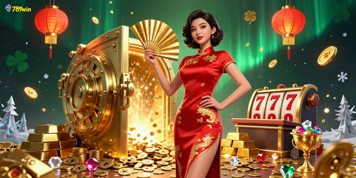 Spin the reels of 789win's slots in an enchanting casino scene filled with treasures.
