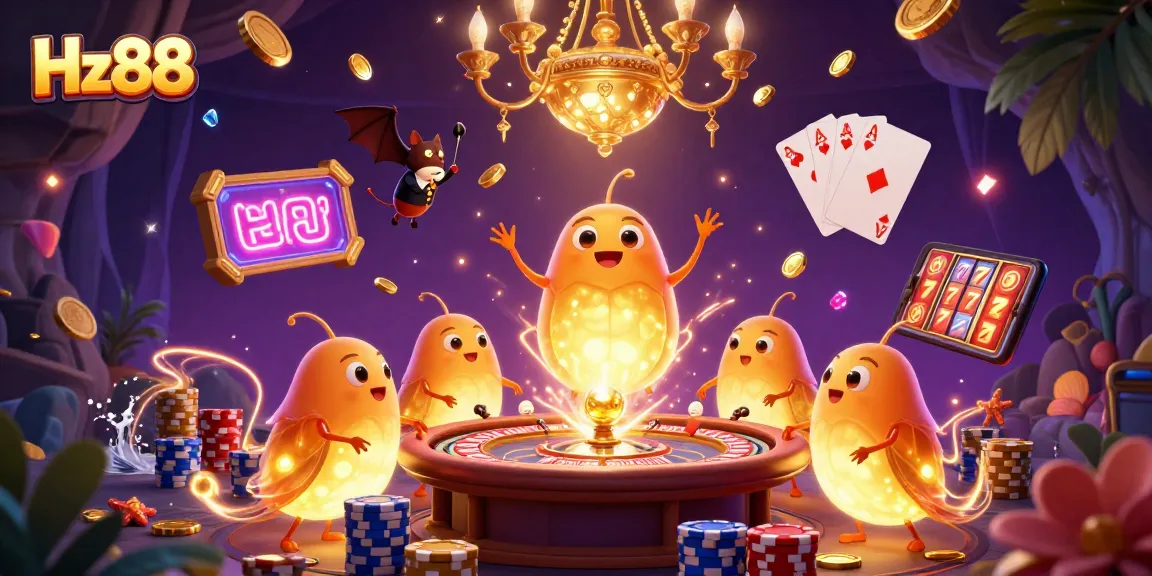 Experience the dynamic gambling scene at Hz88 with glowworms lighting up the casino environment and showcasing vibrant game elements.