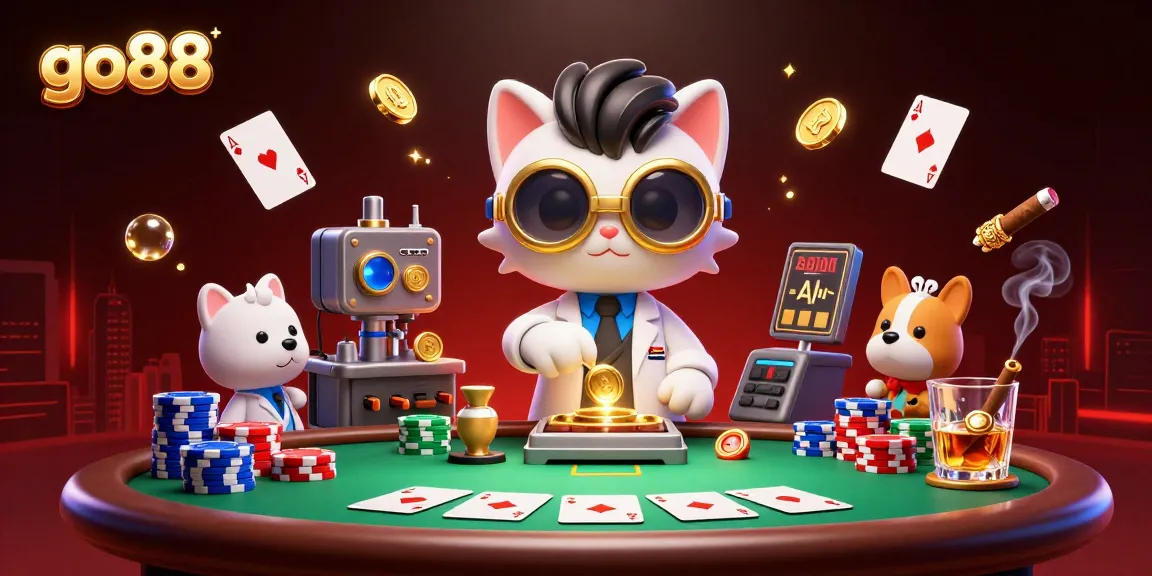 Experience go88's thrilling poker scene with mad scientist cat and assistant amidst vibrant casino action.