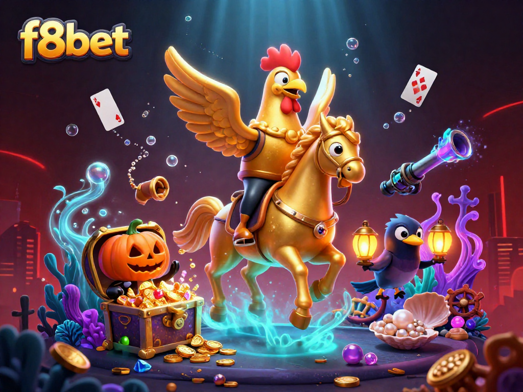 Engage with the vibrant f8bet casino scene featuring a golden rooster and dynamic gaming elements.