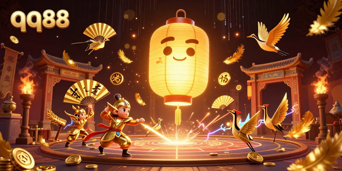 Engage with the qq88 casino experience featuring a golden lantern spirit among vibrant game symbols.