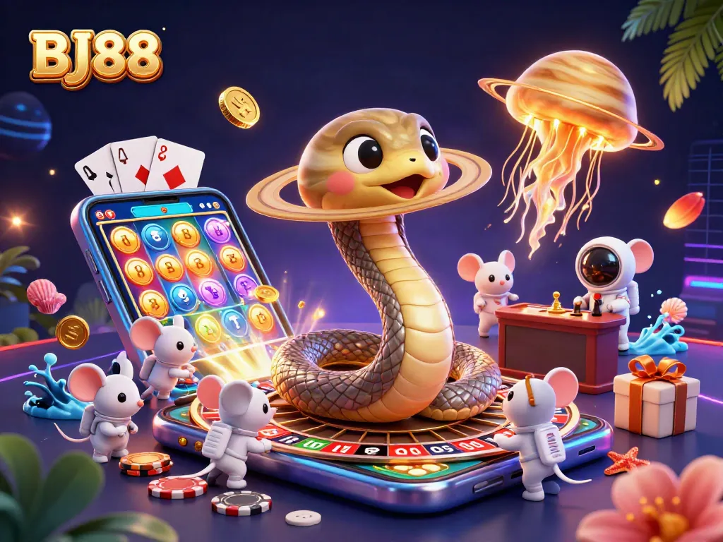 Experience thrilling gameplay with BJ88 in this vibrant cosmic casino illustration.
