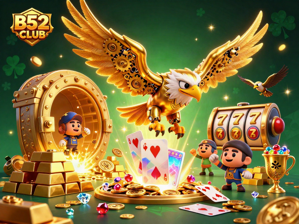 Engage with B52CLUB's immersive slot experience among cascading holographic cards and treasures.