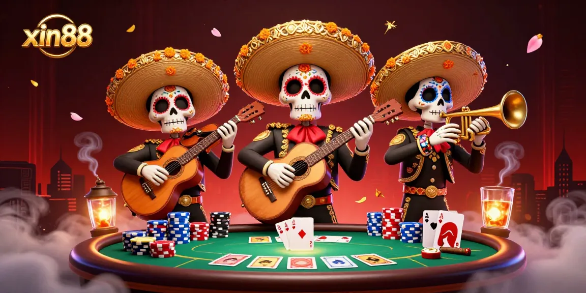 Experience the excitement of xin88 with vibrant mariachi skeletons playing at a lively poker table.