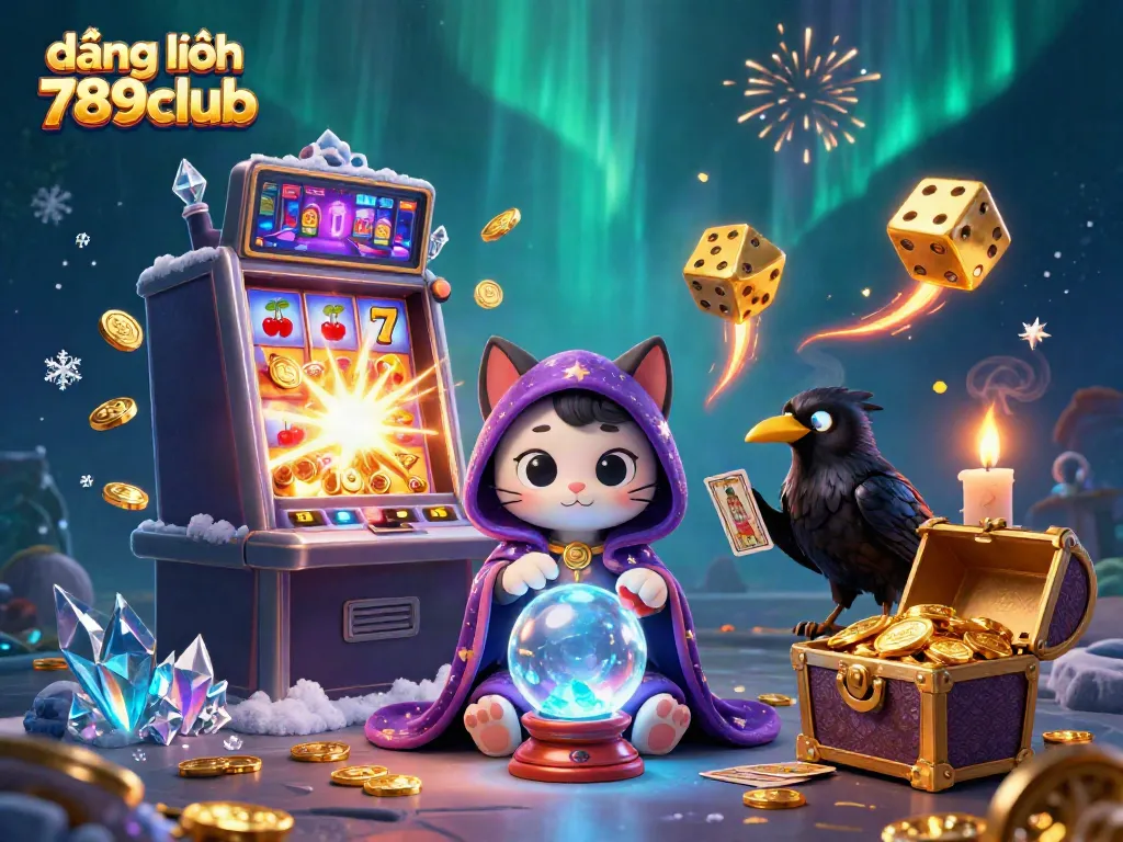 Engage in the experience of đăng nhập 789club with this vibrant 3D illustration featuring a mystical cat and raven amidst a casino scene.
