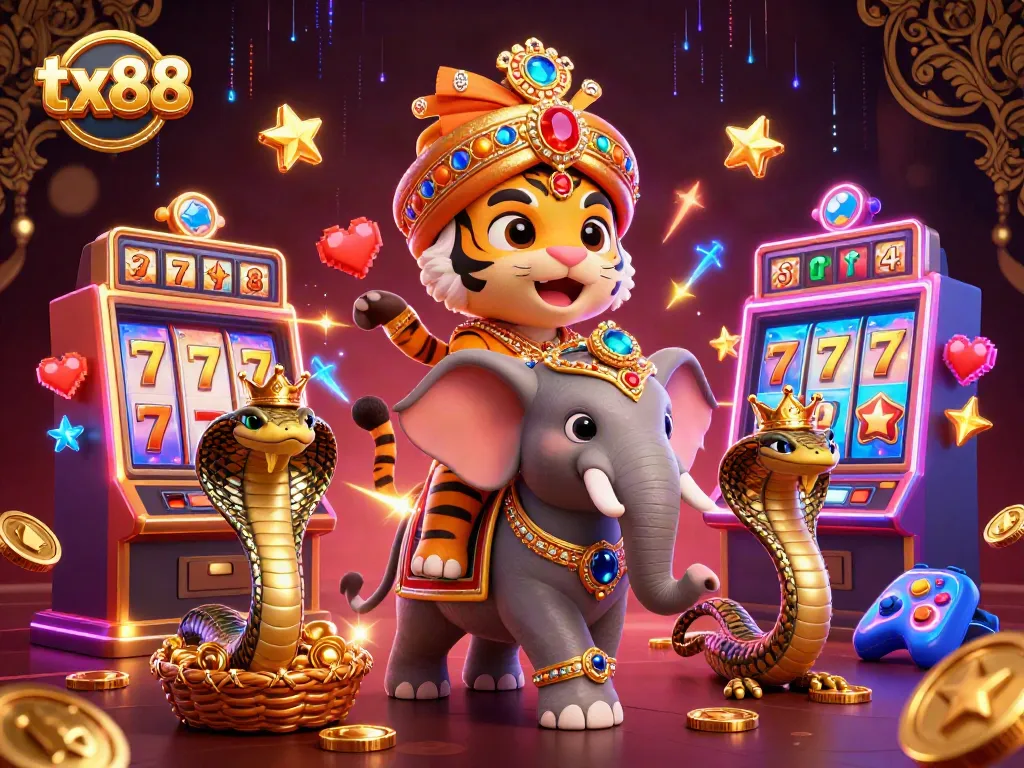 Engage in exhilarating tx88 slot action with a vibrant 3D casino illustration featuring dynamic characters.