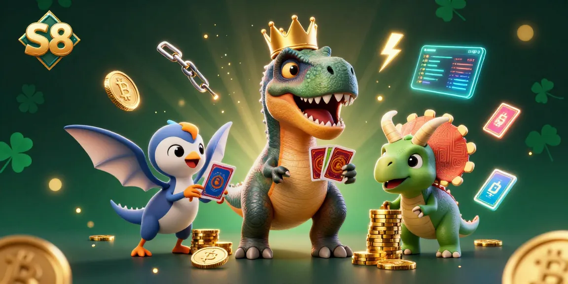 Engage with S8's thrilling casino adventures while a T-Rex shuffles cards and a triceratops stacks chips.