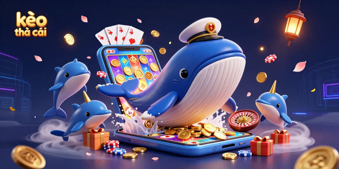 Engage with kèo nhà cái as an animated whale and friends splash through a sea of coins, showcasing casino excitement.