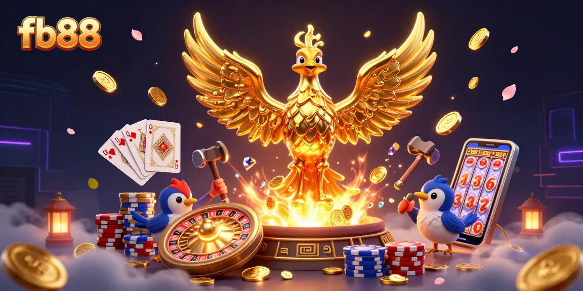 Experience the magic of fb88 with a vibrant 3D casino scene featuring a phoenix and spinning roulette.