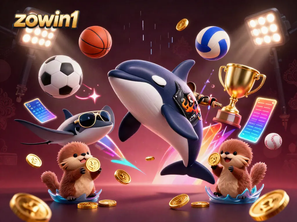 ZOWIN1 showcases a vibrant fantasy scene with an orca whale, stingray, and sea otters celebrating with sports elements and golden coins.