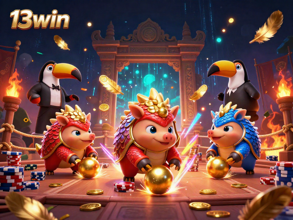 Experience the thrill of 13win with pangolin rivals and poker chips in a dynamic casino scene.