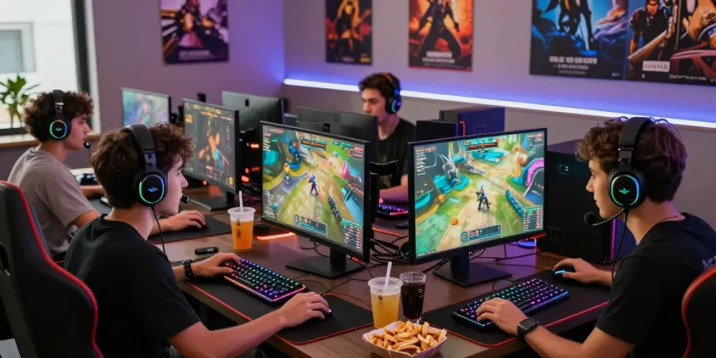 Friends enjoying exhilarating gaming session with rokok88 branding, RGB setup, snacks, and vibrant monitors.
