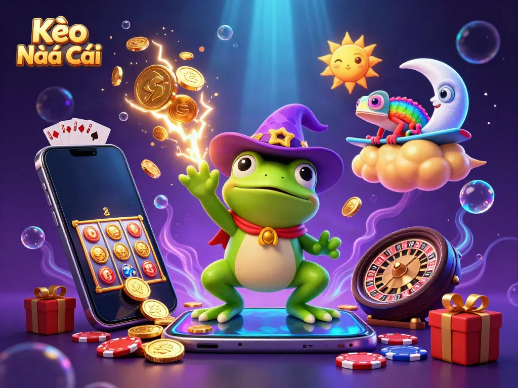 Experience the magic of Kèo Nhà Cái with the whimsical frog and chameleon amidst a storm of golden coins and casino games.