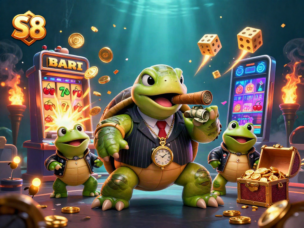 S8 showcases a vibrant casino scene featuring a turtle mobster and frog enforcers amidst slot machines.