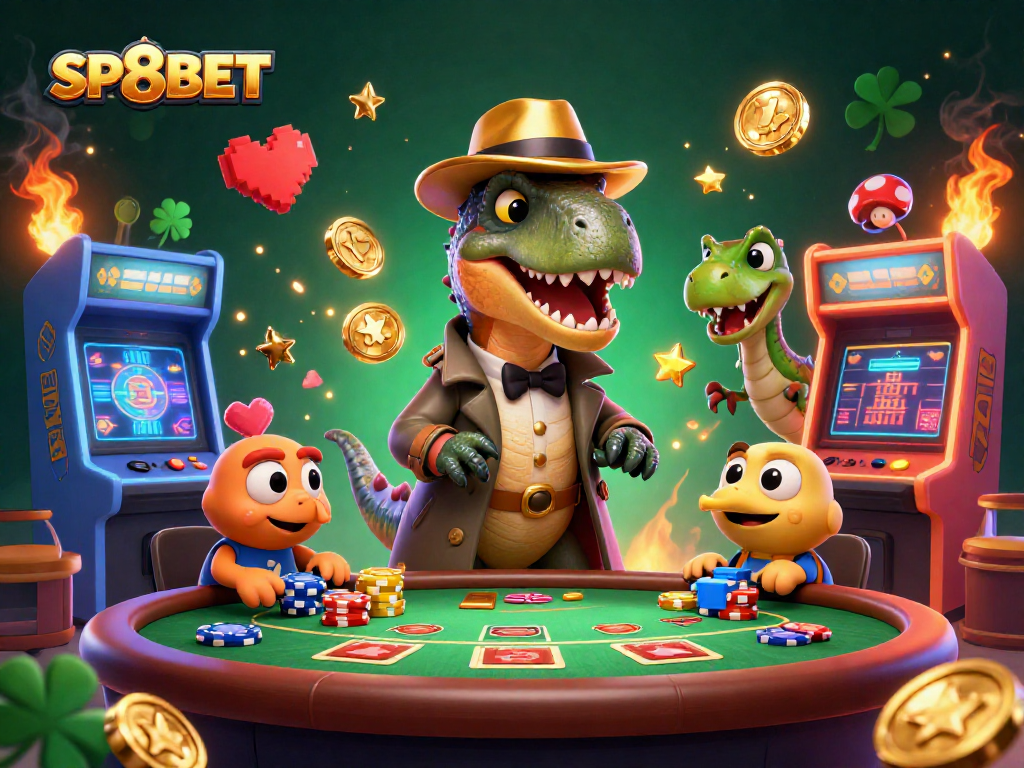 Bet on SP8BET with a clever velociraptor counter amidst a busy casino scene.