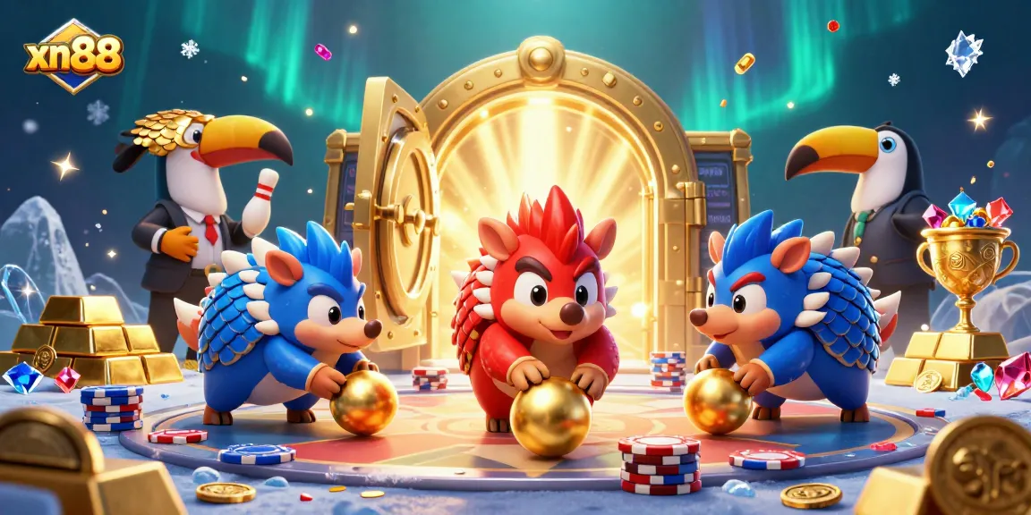 Experience thrilling xn88 gameplay with rival pangolins bowling through poker chips in a vibrant casino