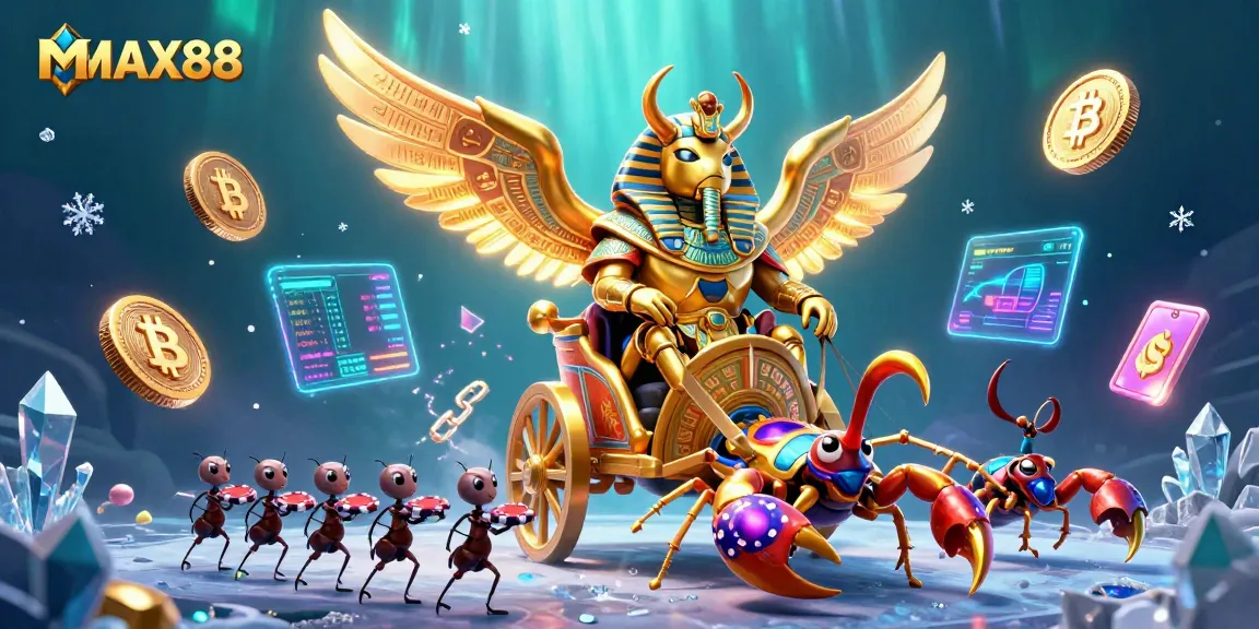 Max88's dynamic casino experience featuring a golden scarab beetle and crypto elements.