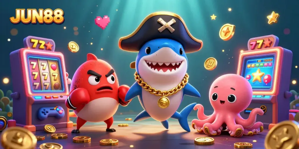 Spin to win at JUN88 with this vibrant 3D casino scene featuring engaging characters and slot machines.