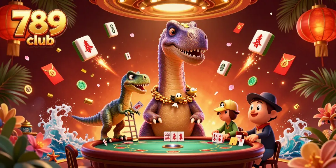 Experience excitement at 789 club with a grand 3D illustration of a brontosaurus and raptors in a vibrant casino.
