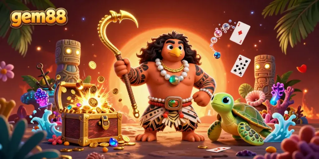 Experience gem88's thrilling adventures with a colorful Polynesian demigod and treasure-filled underwater scene.