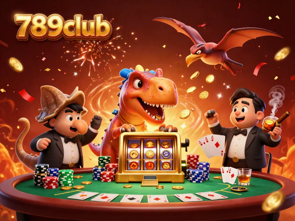 Experience thrilling gameplay at 789club, where cartoon dinosaurs celebrate slot wins amid dynamic casino elements.