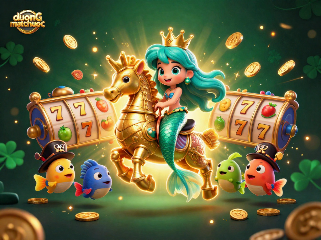 Spin to win in duongmatchuoc, a lively 3D casino scene with mermaids and vibrant slot symbols.