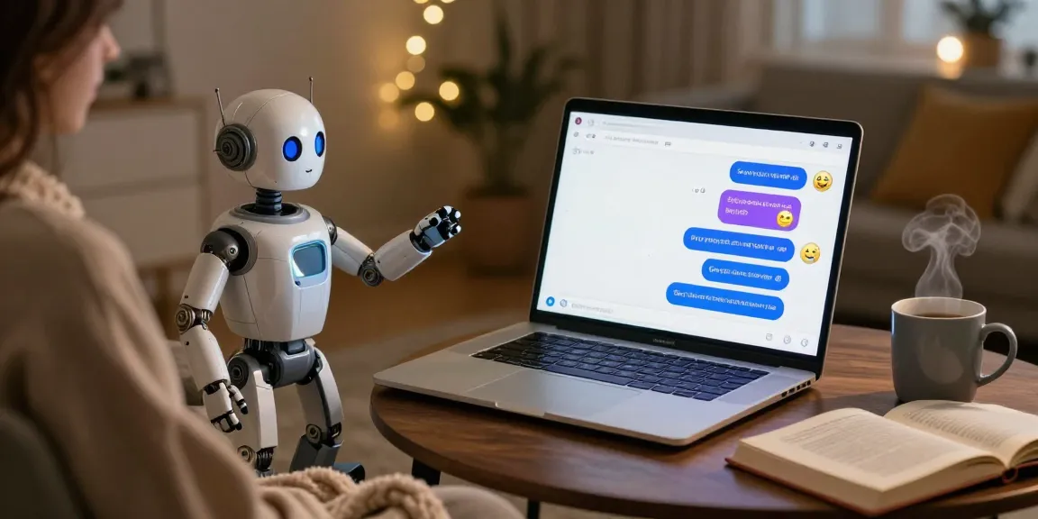 Engaging AI sex chat experience with a digital companion in a cozy home office.