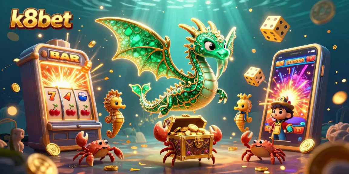 Experience the excitement of k8bet with vibrant 3D illustrations showcasing dynamic casino elements and rich visuals.