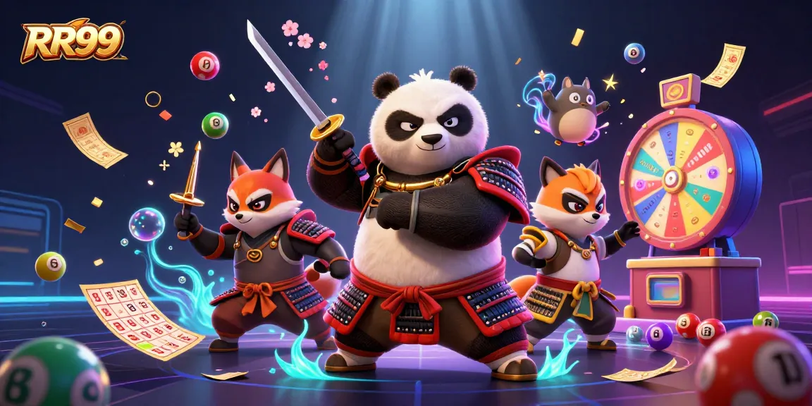 Engage in thrilling gameplay with RR99's vibrant lottery scene featuring playful characters and dynamic elements.