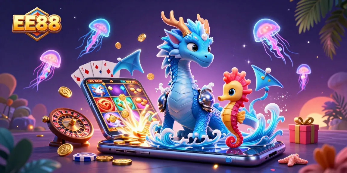 Engage with EE88's vibrant gaming world featuring a fantasy scene of a water dragon and seahorse knight.