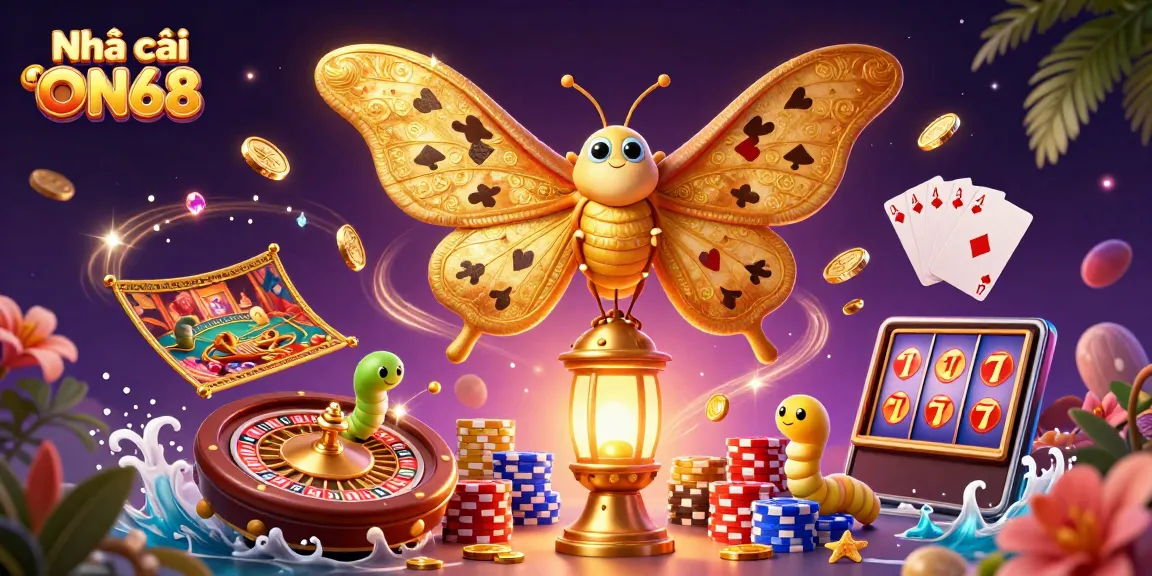 Enhance your play at Nhà cái ON68 with vibrant casino scenes, golden coins, and gaming excitement in this stunning illustration.