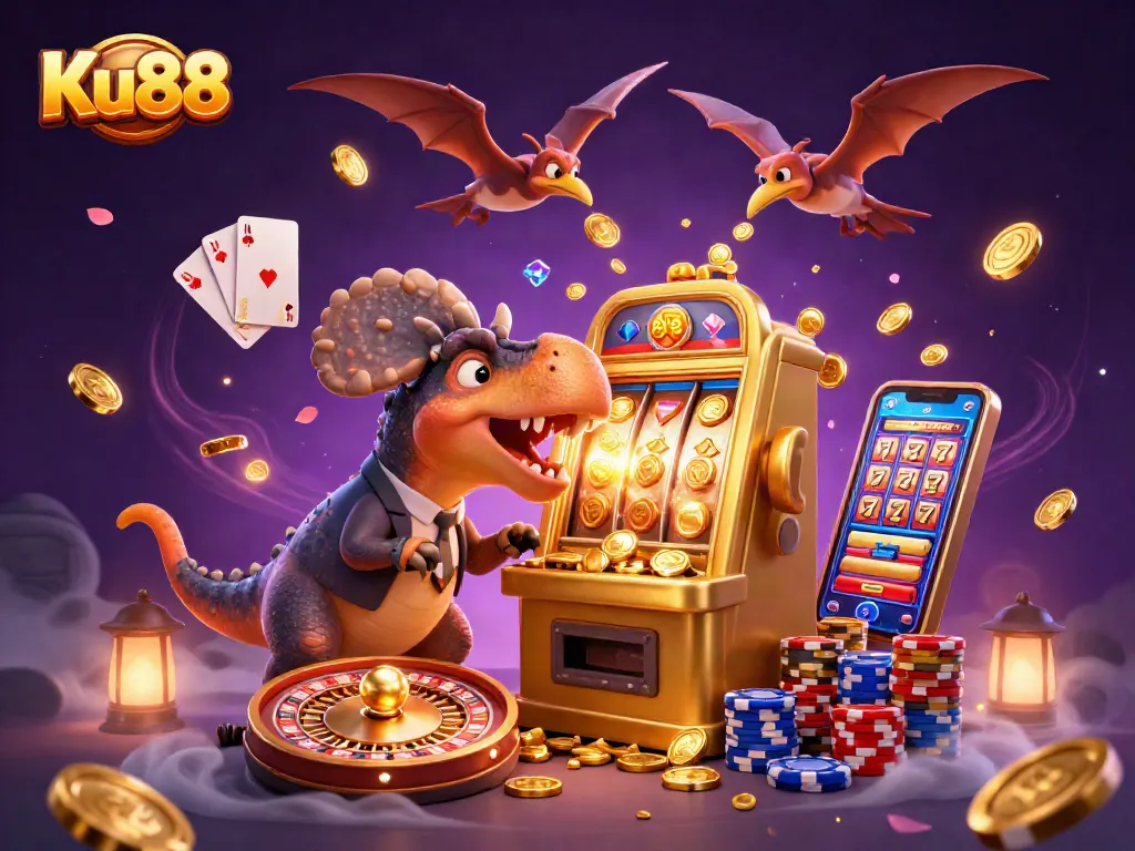 Win big at Ku88 as a pachycephalosaurus hits a slot machine, unleashing golden coins in vibrant casino scene.