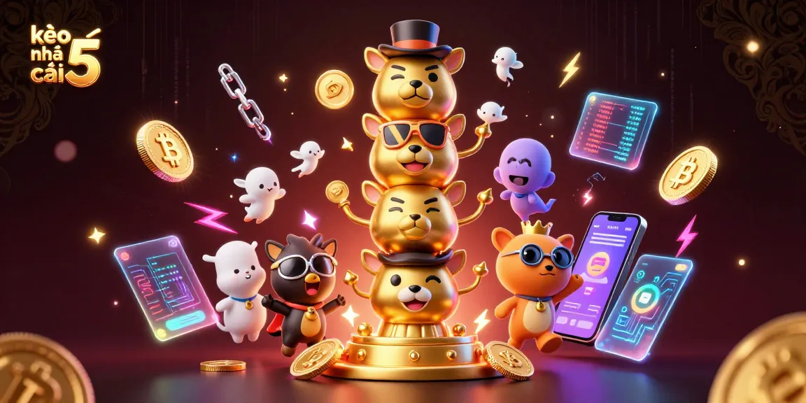 Experience kèo nhà cái 5 with vibrant casino elements and 3D crypto-inspired artwork, capturing the essence of gaming.
