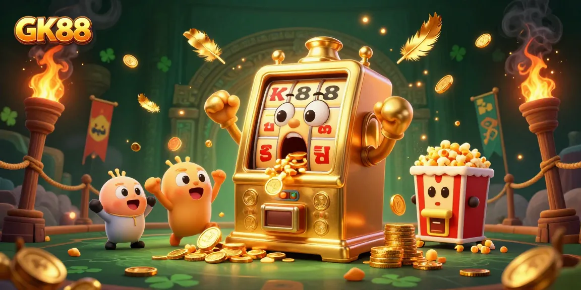 Play big at GK88 with a cartoon gold slot machine celebrating its jackpot victory amidst a vibrant casino scene.