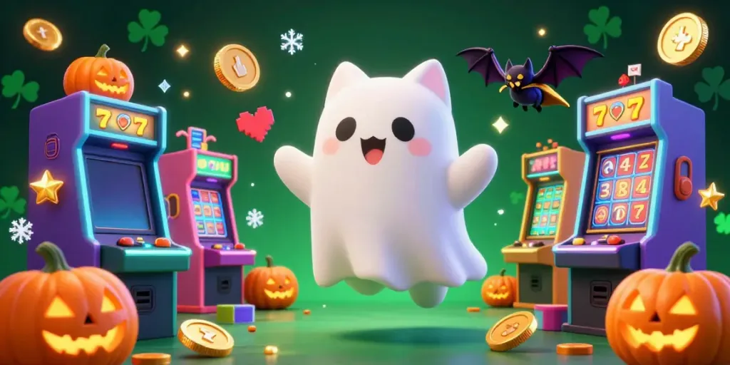 Experience the thrilling ambiance of NOHU casino with a playful ghost cat and a vampire bat amidst glowing slot machines.