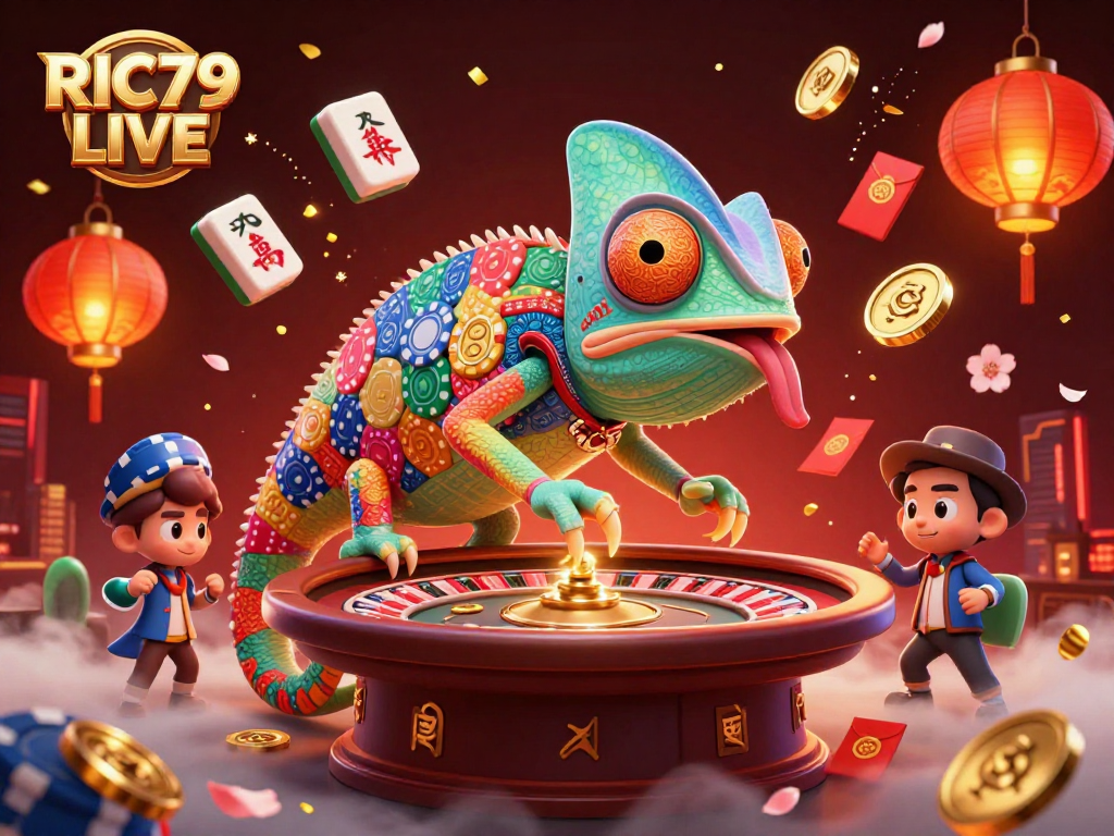 Bet on RIC79 LIVE with vibrant casino characters attracting golden coins and festive game elements.